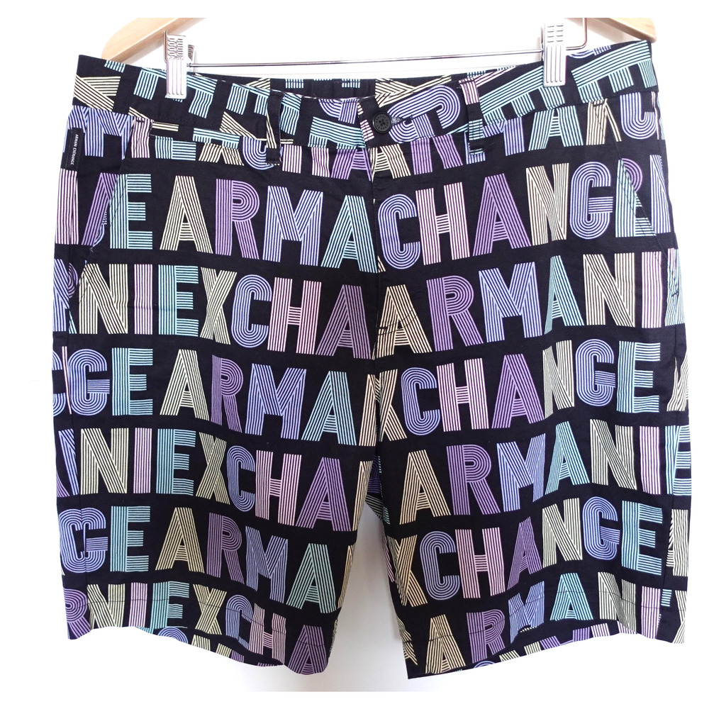 Armani Exchange Shorts Mens Large‎ 36 Black Multicolor Logo Allover Mint
